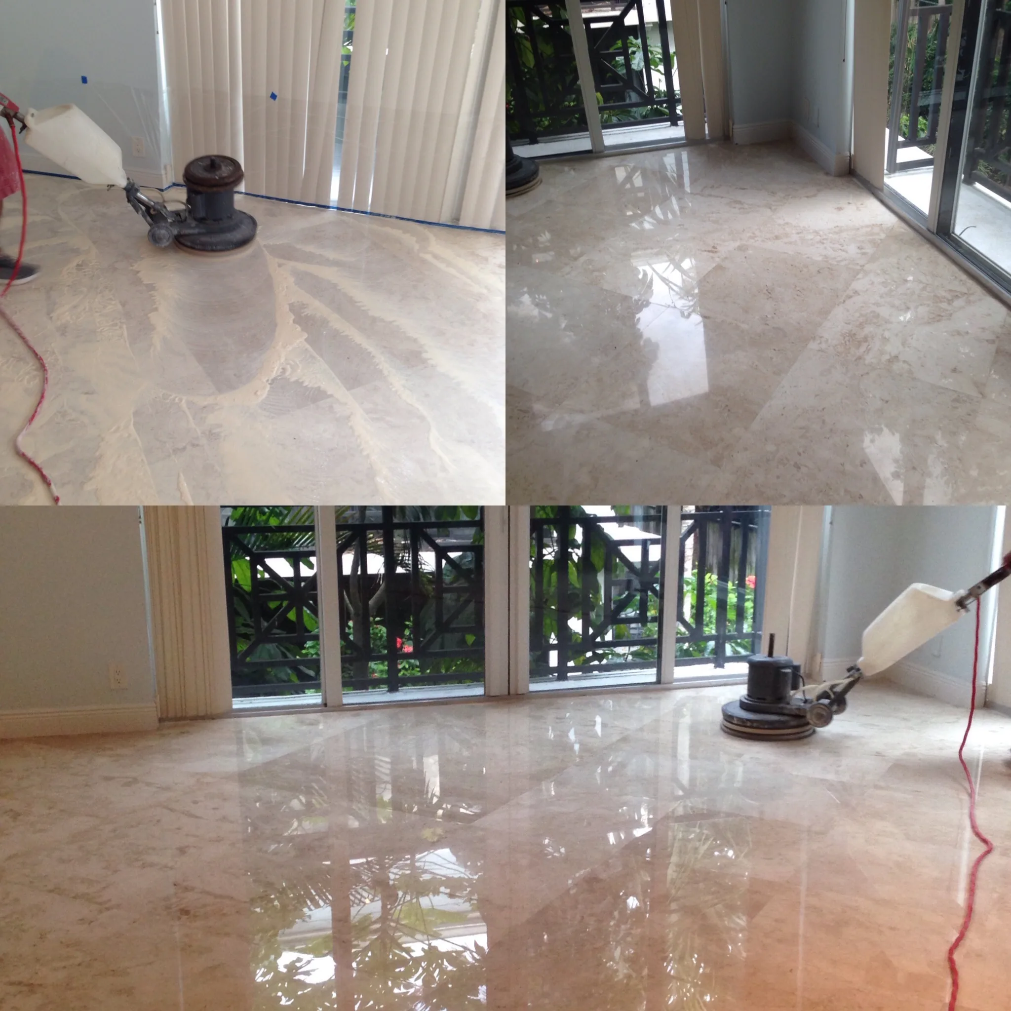 Floor polishing machine working on a large marble floor in an indoor space with glass doors.